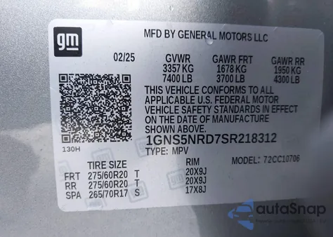 2025 Chevrolet Tahoe 2Wd Lt z USA, uszkodzony, nr VIN 1GNS5NRD7SR218312